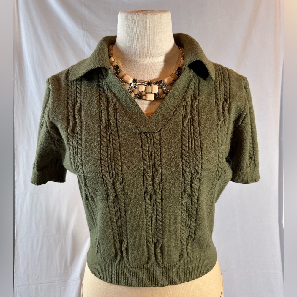 Solid Olive Green Rib Knit Polo Crop Top Sweater Curve Stretch Plus Size